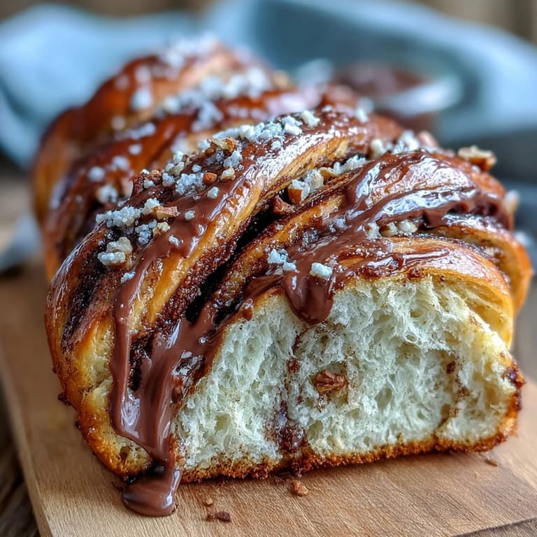 Nutella babka loaf with a glossy sugar glaze, showcasing its intricate braided design and decadent swirls of creamy hazelnut spread.