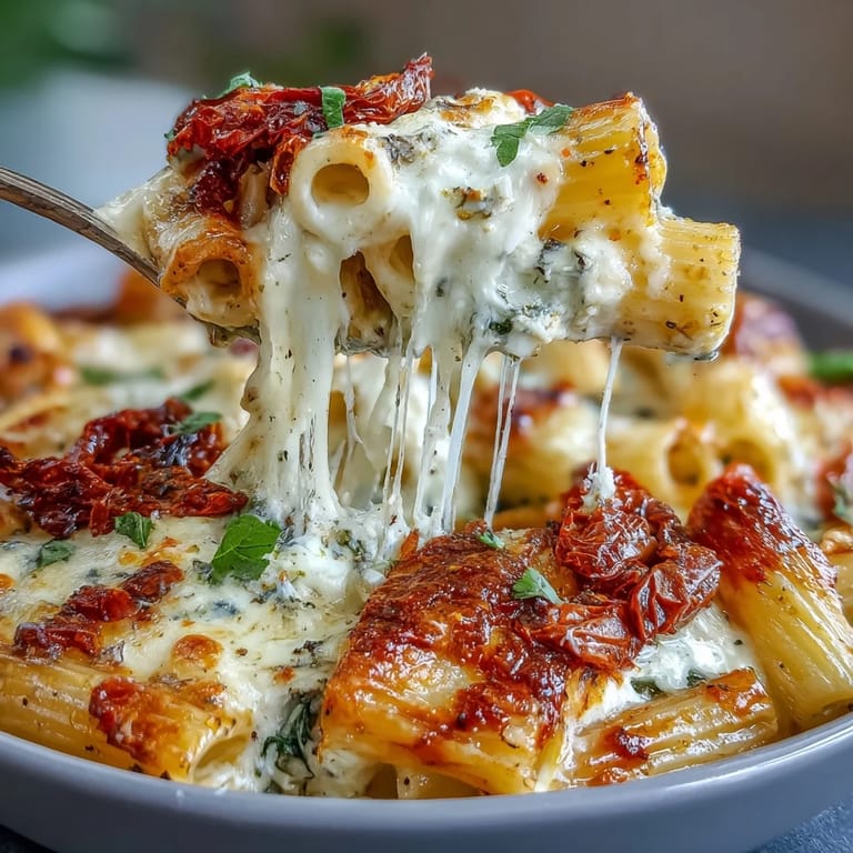 Cheesy Sun-Dried Tomato Pasta Bake, a comforting vegetarian dish ready for serving.
