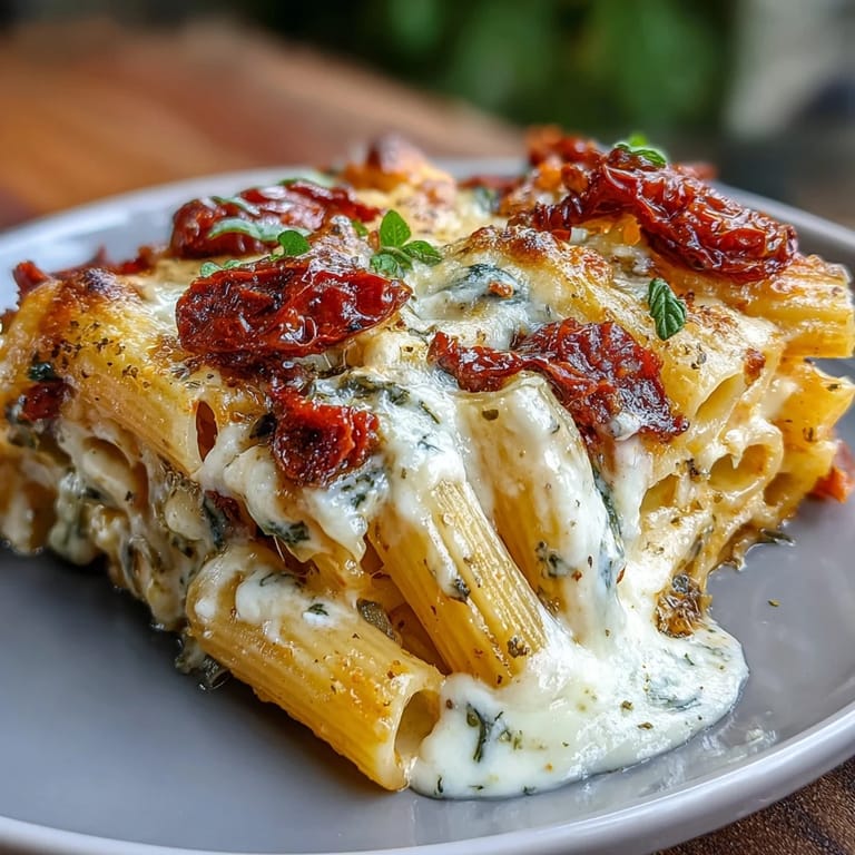 Close-up of baked Sun-Dried Tomato Pasta with rich red tomato sauce.