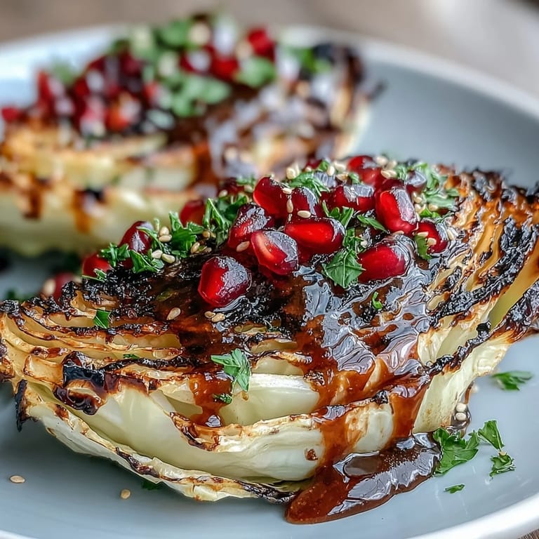 Charred cabbage wedges served with a smooth lemon-tahini drizzle, garnished with parsley and ruby-red pomegranate seeds for a vibrant side dish.  