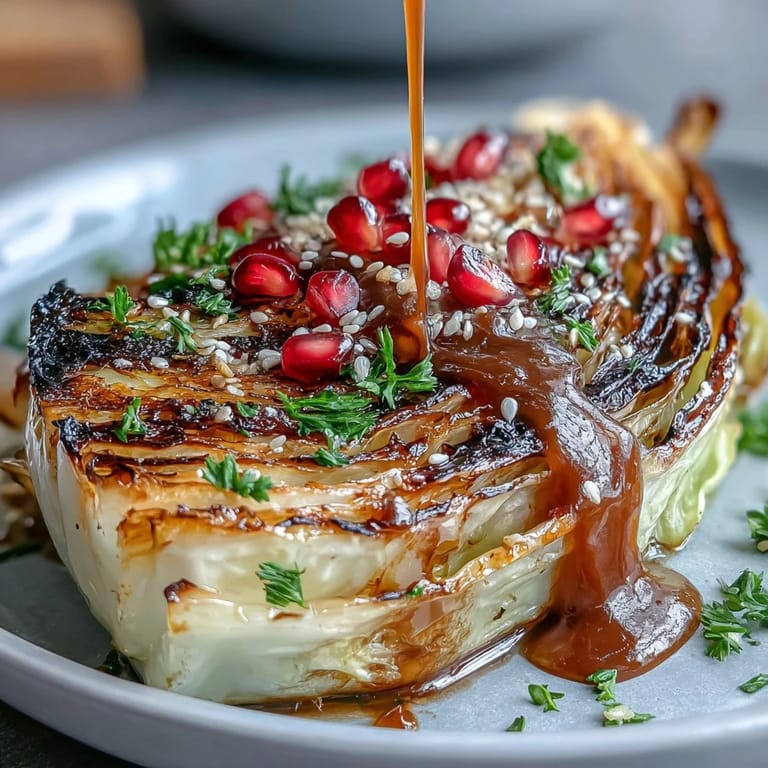 Grilled cabbage wedges with tahini sauce, fresh parsley, and pomegranate seeds, offering a smoky, nutty, and juicy bite in every forkful.