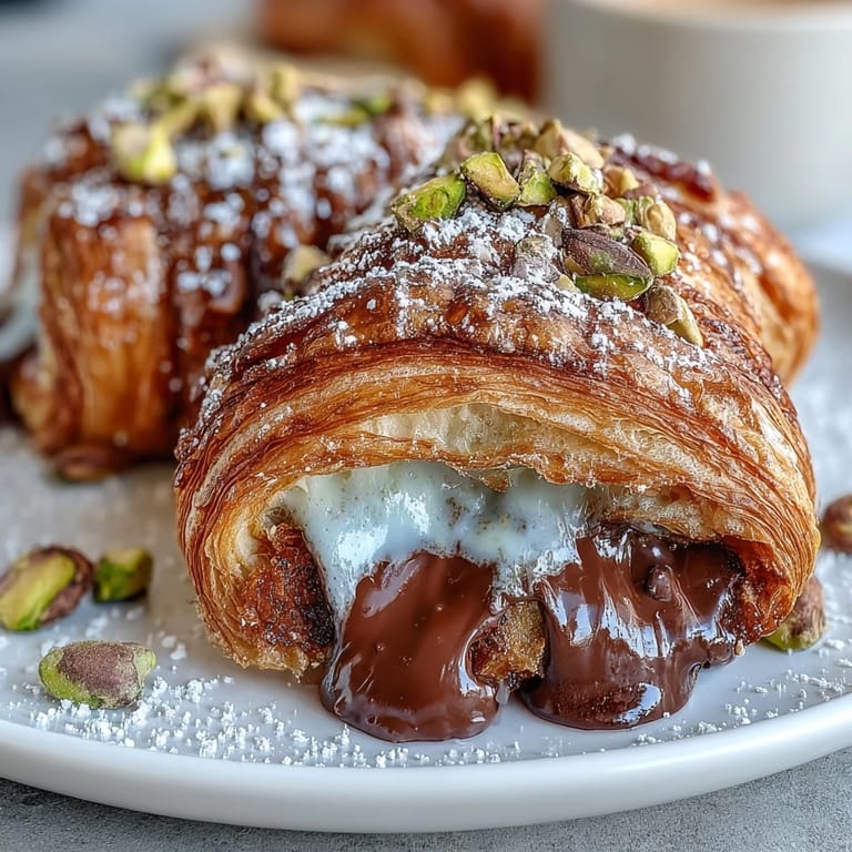 Decadent chocolate-stuffed croissants soaked in vanilla custard, pan-fried to golden perfection and topped with crushed pistachios.