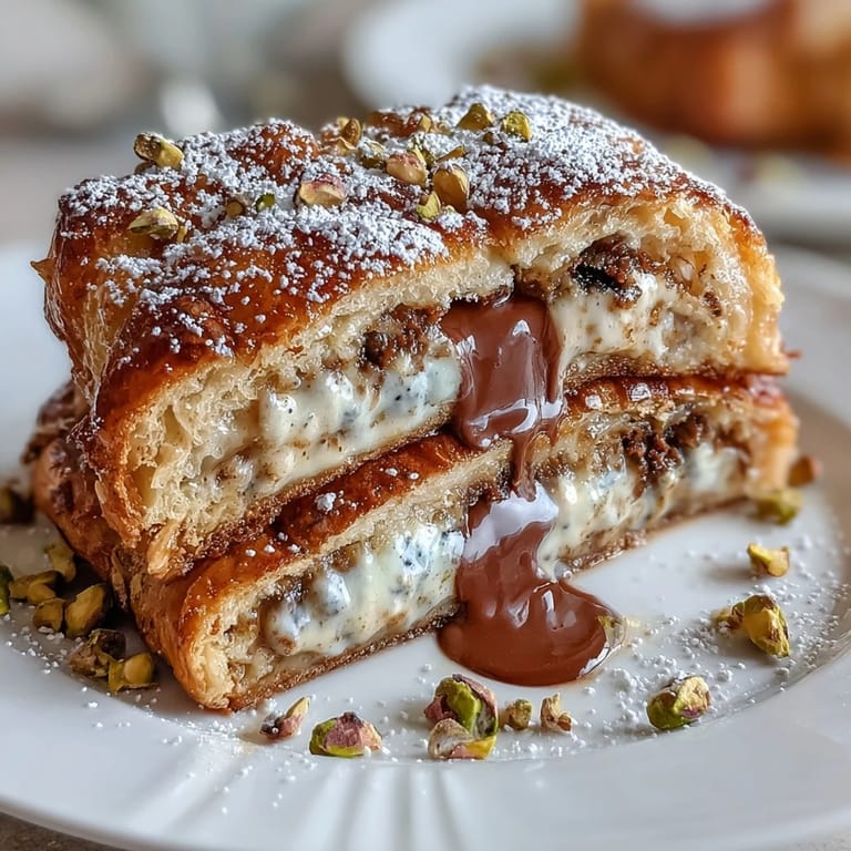 Buttery croissants filled with melted dark chocolate, griddled until crisp and finished with a pistachio crunch for a Dubai-inspired treat.