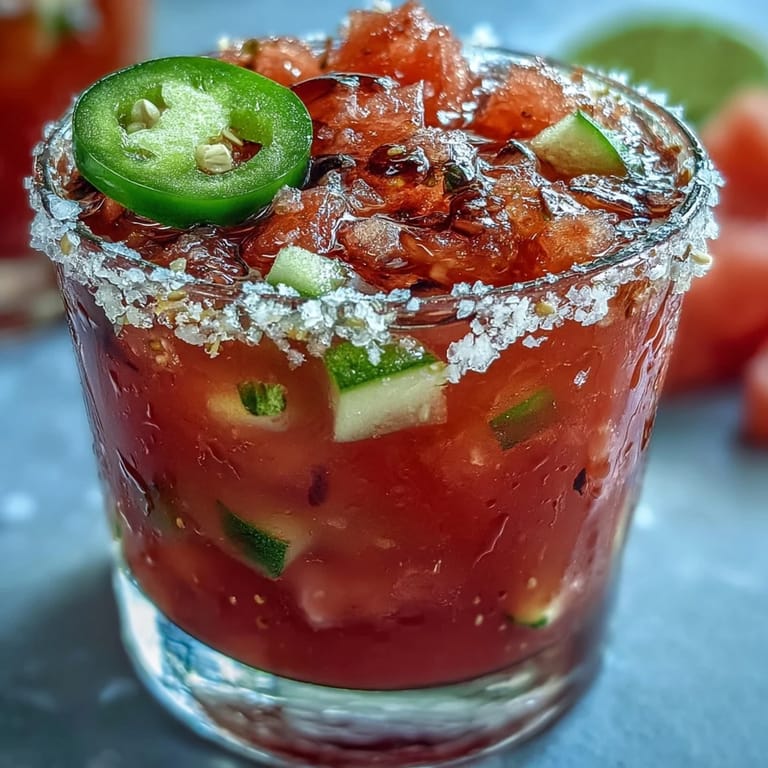 Bright red watermelon mocktail with sliced jalapeño and lime, served over ice in chili-salt rimmed glasses.