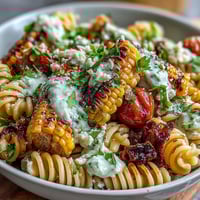 Creamy Mexican street corn pasta salad with charred corn and cotija cheese, vibrant and perfect for summer cookouts.  