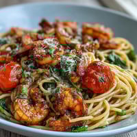 One-Pot Garlic Shrimp with Angel Hair pasta in a fragrant lemon-garlic sauce, loaded with colorful vegetables and juicy shrimp.