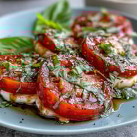 Fresh Caprese salad with juicy tomatoes, creamy mozzarella, and aromatic basil oil drizzle, perfect for summer dining.