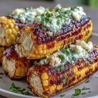Grilled corn on the cob topped with creamy elote sauce, Cotija cheese, and chili powder, a vibrant Mexican street food side.