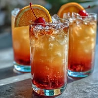 Vibrant ombre sunrise mocktail with grenadine, citrus juices, and sparkling soda in tall glasses with orange slices and cherries.