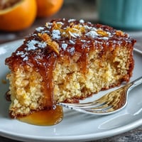 A vibrant whole orange cake with golden crust, dusted with powdered sugar for a citrusy, moist dessert.