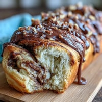 A beautifully twisted brioche loaf filled with rich Nutella, featuring a golden crust and soft, gooey chocolate-hazelnut layers.