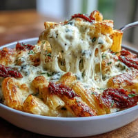 Golden brown Sun-Dried Tomato Pasta Bake bubbling with melty cheese and fresh basil.
